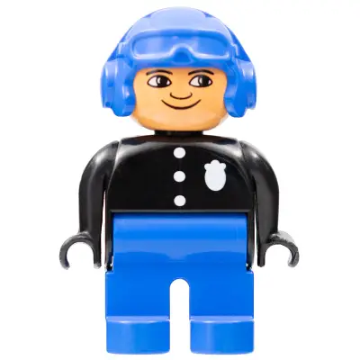 Duplo Figure, Male Police, Blue Legs, Black Top with 3 Buttons and Badge, Blue Aviator Helmet and Nose Bow Line Up