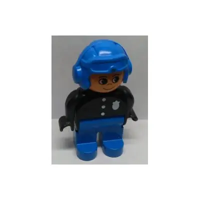 Duplo Figure, Male Police, Blue Legs, Black Top with 3 Buttons and Badge, Blue Aviator Helmet and Nose Bow Line Down