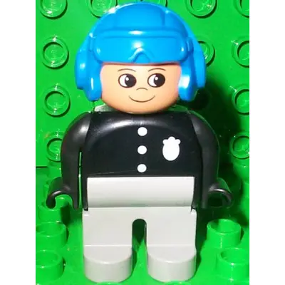 Duplo Figure, Male Police, Light Gray Legs, Black Top with 3 Buttons and Badge, Blue Aviator Helmet
