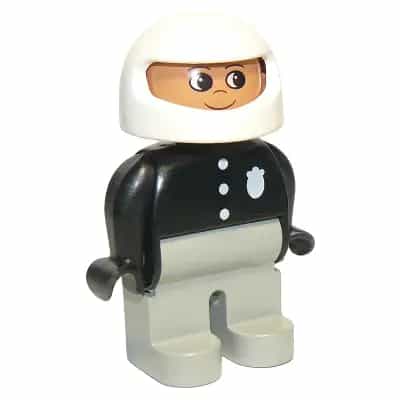 Duplo Figure, Male Police, Light Gray Legs, Black Top with 3 Buttons and Badge, White Racing Helmet
