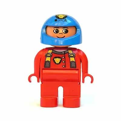Duplo Figure, Male, Red Legs, Red Top with Cat Eye Racer Logo, Blue Helmet