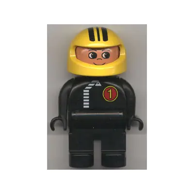 Duplo Figure, Male, Black Legs, Black Top with White Zipper and Racer #1, Yellow Helmet with Black Stripes