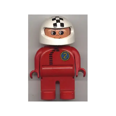 Duplo Figure, Male, Red Legs, Red Top with Black Zipper and Racer #2, White Helmet with Checkered Stripe