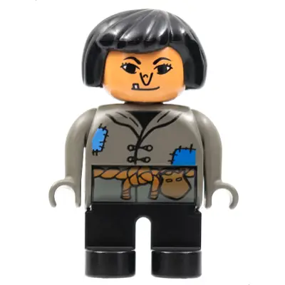 Duplo Figure, Female, Black Legs, Dark Gray Top with Blue Patches, Black Hair, Wart on Nose, Tooth (4171786)