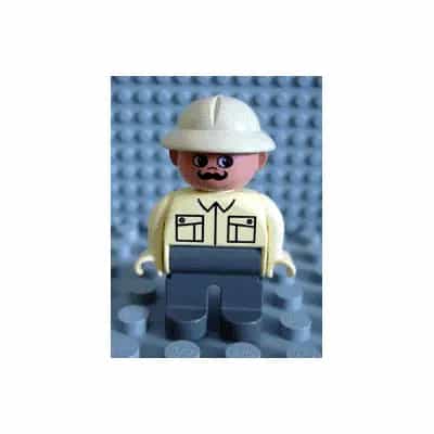 Duplo Figure, Male, Dark Gray Legs, Tan Top, Pith Helmet, Moustache (75425)