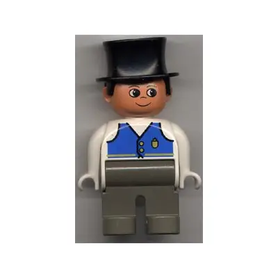Duplo Figure, Male, Dark Gray Legs, White Top with Blue Vest with Pocket and Two Buttons, Black Top Hat