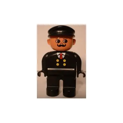 Duplo Figure, Male, Black Legs, Black Top with 4 Yellow Buttons and Red Tie, Black Hat, Curly Moustache (Train Engineer)