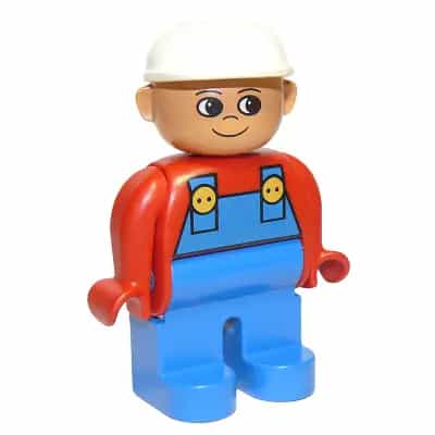Duplo Figure, Male, Blue Legs, Red Top with Blue Overalls, Construction Hat White, Turned Up Nose