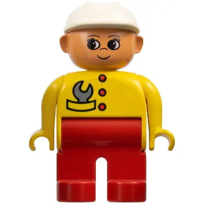 Duplo Figure, Female, Red Legs, Yellow Top with Red Buttons & Wrench in Pocket, Construction Hat White