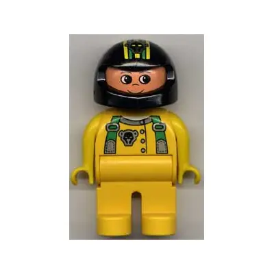Duplo Figure, Male, Yellow Legs, Yellow Top with Green Racer Suspenders, Black Helmet with Stripes and Bear Pattern