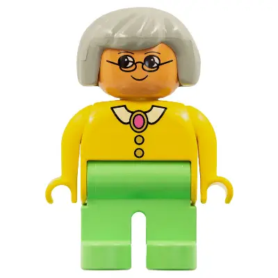 Duplo Figure - Female, Adult Woman, Medium Green Legs, Yellow Top with Collar, Buttons, and Brooch Pattern, Light Gray Hair, Nougat Head (75484)