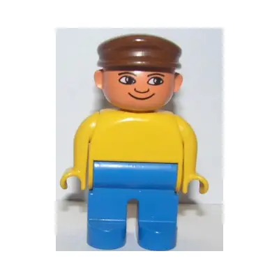 Duplo Figure, Male, Blue Legs, Yellow Top, Brown Cap, with White in Eyes Pattern