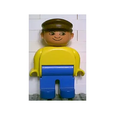 Duplo Figure, Male, Blue Legs, Yellow Top, Brown Cap, no White in Eyes Pattern