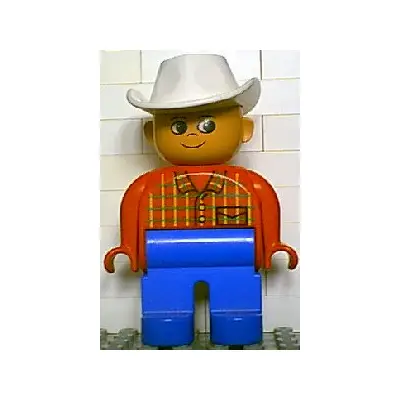 Duplo Figure, Male, Blue Legs, Red Top Plaid, White Cowboy Hat