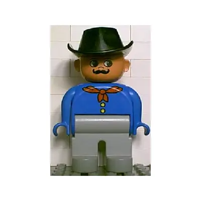 Duplo Figure, Male, Light Gray Legs, Blue Top with Red Bandana, Black Cowboy Hat