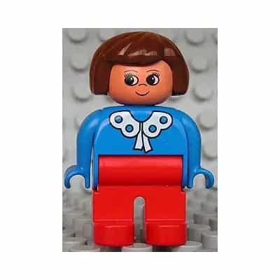 Duplo Figure - Female, Adult Woman, Red Legs, Blue Top with Lace Collar Pattern, Brown Hair, Nougat Head (75472)