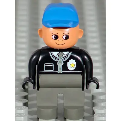 Duplo Figure, Male Police, Dark Gray Legs, Black Top with Zipper, Tie and Badge, Blue Cap