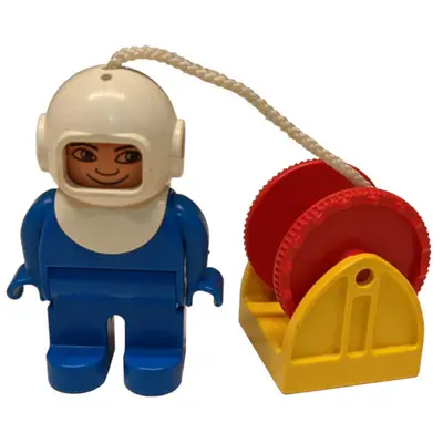 Duplo Figure, Diver, Male, Blue Legs, Blue Top, White Helmet, String and Red Reel, Yellow Drum Reel Holder