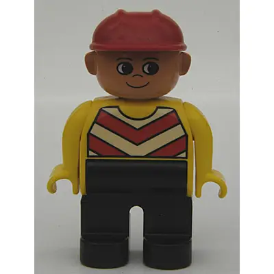 Duplo Figure, Male, Black Legs, Chevron Vest, Yellow Arms, Construction Hat Red