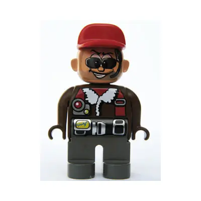 Duplo Figure, Male Action Wheeler, Dark Gray Legs, Brown Top with Aviator Jacket, Black Belt, Red Cap, Sunglasses, Headset with Microphone (4141904)