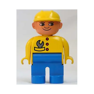 Duplo Figure, Male, Blue Legs, Yellow Top with Wrench in Pocket, Construction Hat Yellow