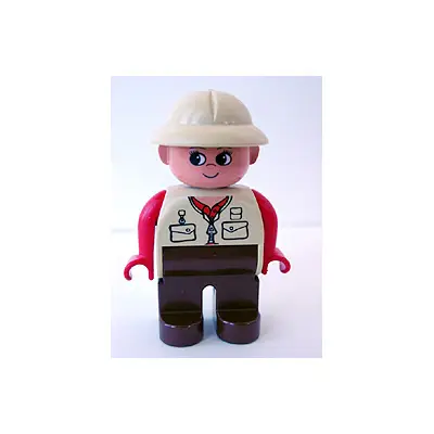 Duplo Figure, Female, Brown Legs, Red Arms, Tan Pith Helmet, Eyelashes