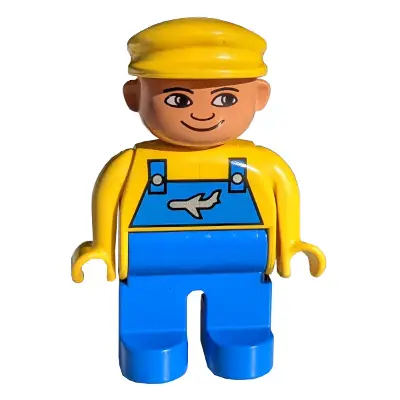 Duplo Figure, Male, Blue Legs, Yellow Top with Blue Overalls with Airplane, Yellow Cap