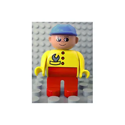 Duplo Figure, Male, Red Legs, Yellow Top with Wrench in Pocket, Construction Hat Blue