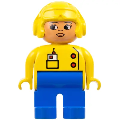 Duplo Figure, Female, Blue Legs, Yellow Top with Radio in Pocket, Yellow Aviator Helmet, Eyelashes, Turned Down Nose (4100696)