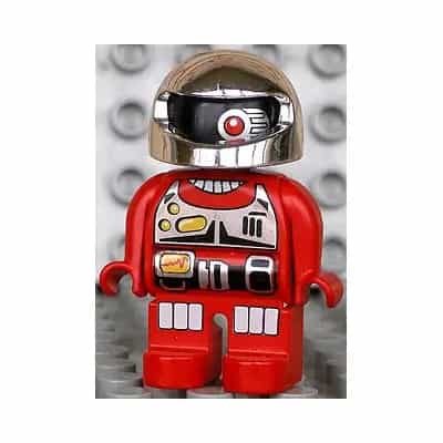 Duplo Figure, Robot Action Wheeler, Red Legs, Utility Belt, Chest Panel, One Red Eye and Silver Helmet