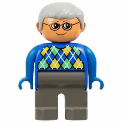 Duplo Figure - Male, Adult Man, Dark Gray Legs, Blue Top with Argyle Pattern, Light Gray Hair, Nougat Head (75488)