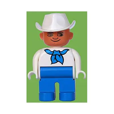 Duplo Figure, Male, Blue Legs, White Top with Blue Bandana, White Cowboy Hat, Plain Eyes