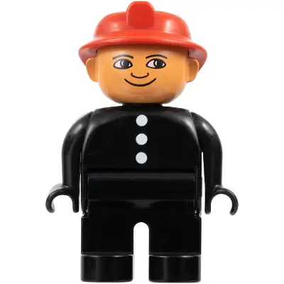 Duplo Figure, Male Fireman, Black Legs, Black Top with 3 White Buttons, Red Fire Helmet