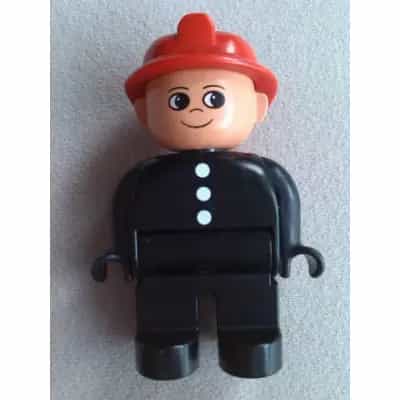 Duplo Figure, Male Fireman, Black Legs, Black Top with 3 White Buttons, Red Fire Helmet, Round Eyes