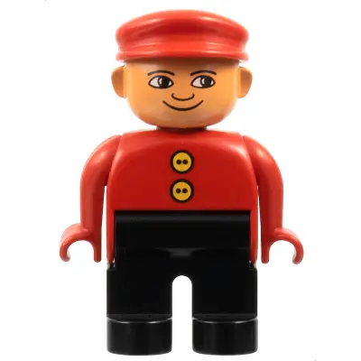 Duplo Figure, Male, Black Legs, Red Top with 2 Yellow Buttons, Red Cap