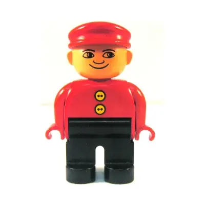 Duplo Figure, Male, Black Legs, Red Top with 2 Yellow Buttons, Red Cap, no White in Eyes Pattern