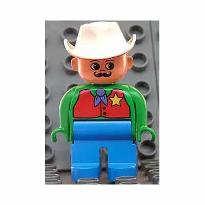Duplo Figure, Male, Blue Legs, Green Top with Red Vest with Sheriff Star, Moustache, White Cowboy Hat