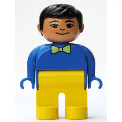 Duplo Figure, Male, Yellow Legs, Blue Top with Light Green Bow Tie, Black Hair, Grin