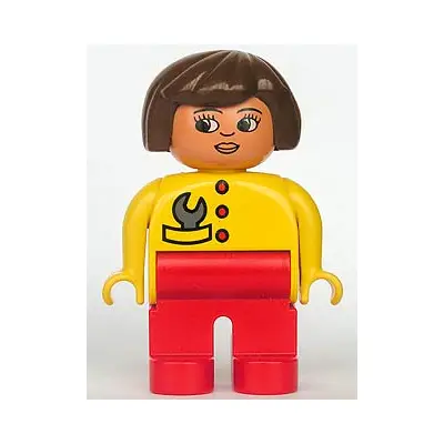 Duplo Figure, Female, Red Legs, Yellow Top with Red Buttons & Wrench in Pocket, Brown Hair, Turned Down Nose