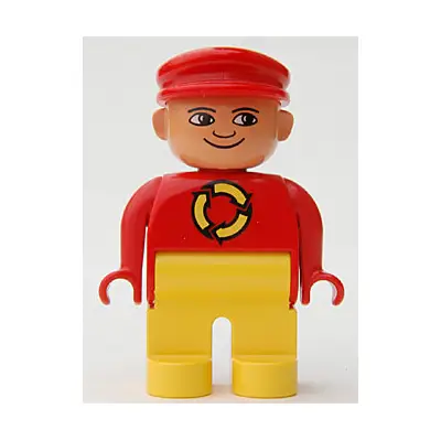 Duplo Figure, Male, Yellow Legs, Red Top with Recycle Logo, Red Cap, turned down Nose