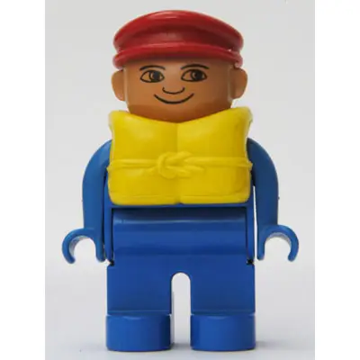 Duplo Figure, Male, Blue Legs, Blue Top, Life Jacket, Red Cap, no White in Eyes pattern