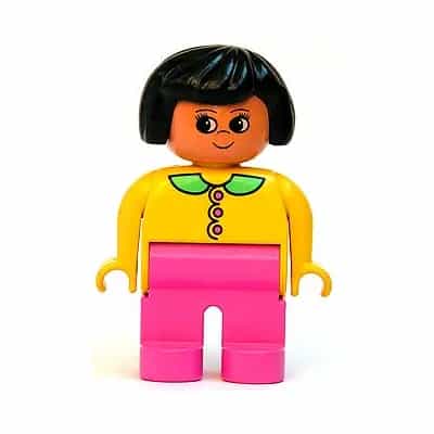 Duplo Figure, Female, Dark Pink Legs, Yellow Top with Dark Pink Buttons & Medium Green Collar, Black Hair