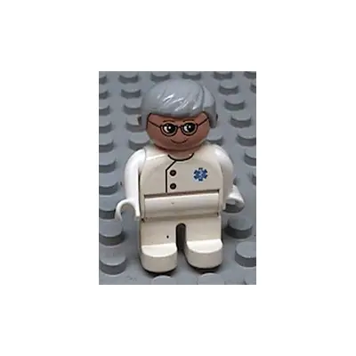 Duplo Figure, Doctor / Medic - Male, Adult Man, White Legs, White Top with Buttons and EMT Star of Life Pattern, Light Gray Hair, Nougat Head (75491)