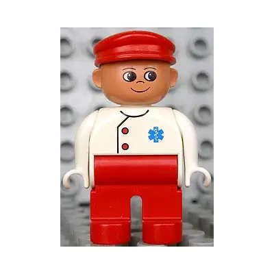 Duplo Figure, Doctor / Medic - Male, Adult Man, Red Legs, White Top with Buttons and EMT Star of Life Pattern, Red Cap, Nougat Head (75492)