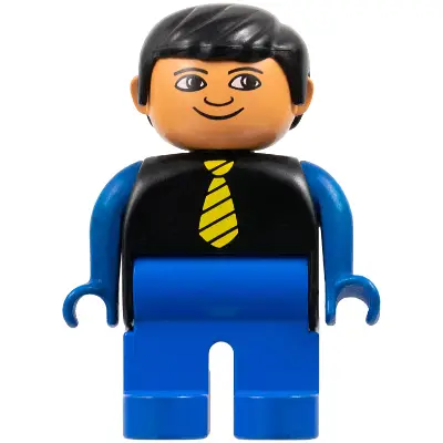 Duplo Figure, Male, Blue Legs, Black Top with Yellow Tie, Blue Arms, Black Hair, White in Eyes