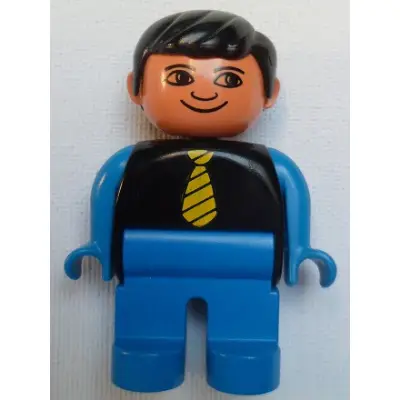 Duplo Figure, Male, Blue Legs, Black Top with Yellow Tie, Blue Arms, Black Hair