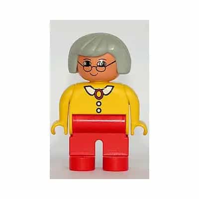 Duplo Figure, Female, Red Legs, Yellow Blouse with White Collar and 2 Buttons, Gray Hair, Glasses
