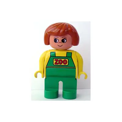 Duplo Figure, Female Zoo, Green Legs, Yellow Top with Green Overalls, Dark Orange Hair (Zoo Keeper) (75695)