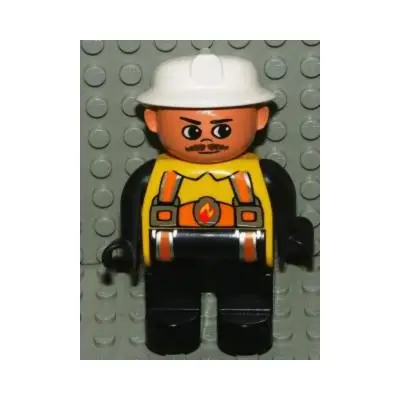 Duplo Figure, Male Fireman, Black Legs, Yellow Top with Flame and Orange Suspenders, White Fire Helmet, Moustache