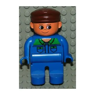 Duplo Figure, Male, Blue Legs, Blue Top with Green Collar and Pocket Tabs, Brown Cap